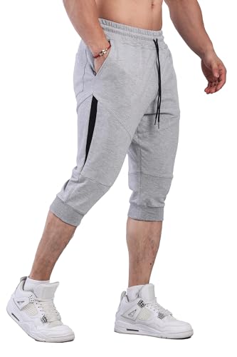 FIRSTGYM Casua Pantaloni da jogging da uomo a 3/4 affusolati per allenamento, palestra, pantaloni da jogging, Grigio chiaro, XL