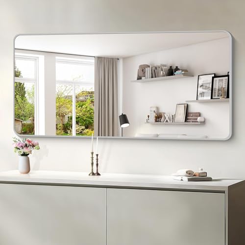 Image of 30x60 Inch Silver Bathroom Mirror, Large Rectangular Vanity Mirror, Metal Framed Rectangle Mirror, Rounded Corner Wall Mounted Mirrors for Living Room Bedroom Entryway Horizontal or Vertical
