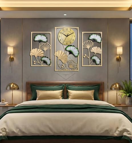 Image of Luxury Ginkgo Leaf Metal Wall Clock - Large Gold & Green Botanical Wall Art Set for Living Room, Bedroom, and Hallway Decor - Modern Silent Quartz Movement - Set of 3