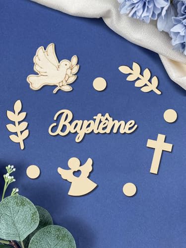 84PCS Decoration Bapteme, Deco Bapteme Confettis en Bois, Décoration de Table avec Ange, Croix, Colombe, Feuilles Decoration Table