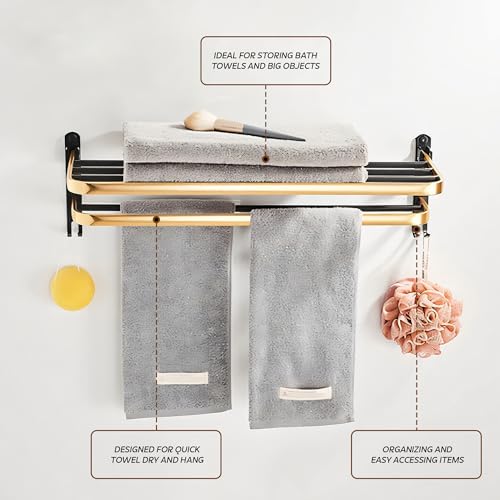 Image of MIORAH 24 Inch Foldable Aluminum Towel Rack for Bathroom - Wall Mounted Double - Tier Towel Holder with Rod & Hooks | Rustproof Black
