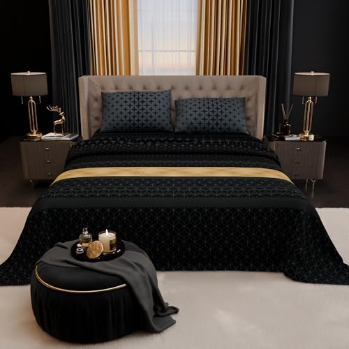 Image of Stoa Paris 100% Bamboo Cotton King Size Bedsheet with 2 Pillow Covers, 200TC Printed Bedding Set, Breathable, All-Season Comfort, Aesthetic Home Decor, Imperial Grandeur - Midnight Crest(228cmx274cm)