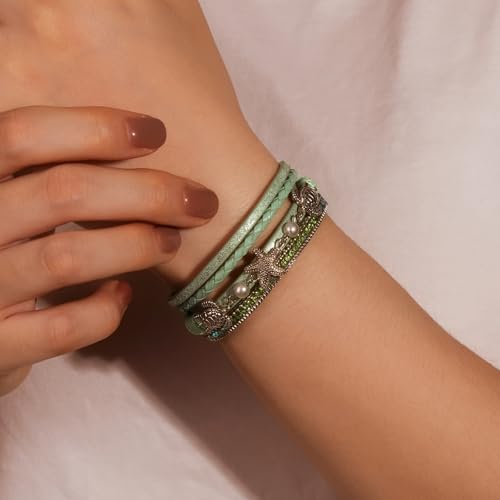 FANCY SHINY Turtle Starfish Leather Wrap Bracelet Boho Rhinestone Pearl Cuff Bracelet with Magnetic Clasp for Women3
