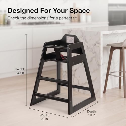 Image of Black Wooden Restaurant High Chair - Stackable Rubberwood Dining Chair with Safety Bar, Easy-Clean Finish, Commercial Restaurant Seating