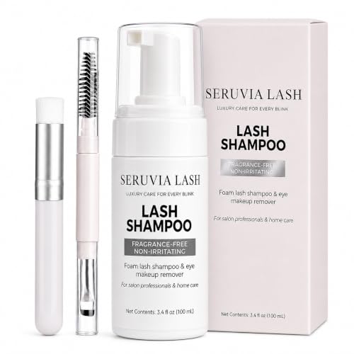 Eyelash Shampoo for Eyelash Extensions, Gentle Foaming Lash Cleanser for Sensitive Eyes, Daily Lash Aftercare with Soft Brush &amp; Mascara Wand, Removes Makeup &amp; Residue, 3.4 fl oz (100ml)