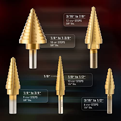 Zelcan SDB-2017-06 Hss 5Pcs Titanium Step Drill Bit Set With Automatic Center Punch For Sheet Metal thumb #1