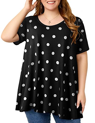 OVERWORETY Womens Short Sleeve Plus Size Tunics Loose Casual Swing Tops Summer Flowy T-Shirts(Black Polka Dots,3X)