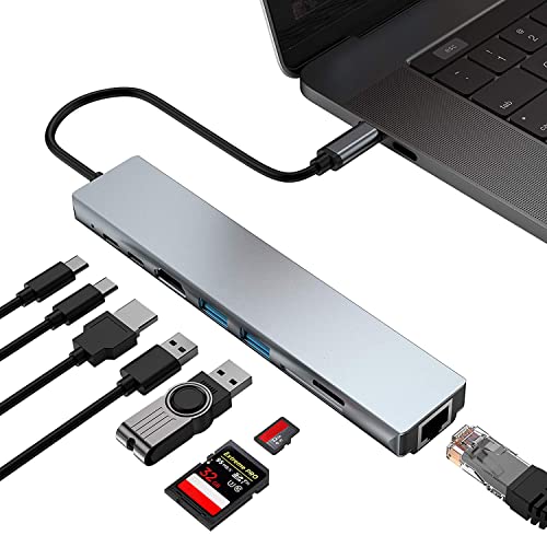 Hub USB C con Ethernet - 8 en 1, iitrust Adaptador Tipo C Hub con HDMI 4K, Carga Súper Rápida de 87W, 2 Puertos USB C, Lector de Tarjetas TF/SD, RJ45:100Mbps /10Mbps, para MacBook Air/Pro/ XPS15 y más Cover