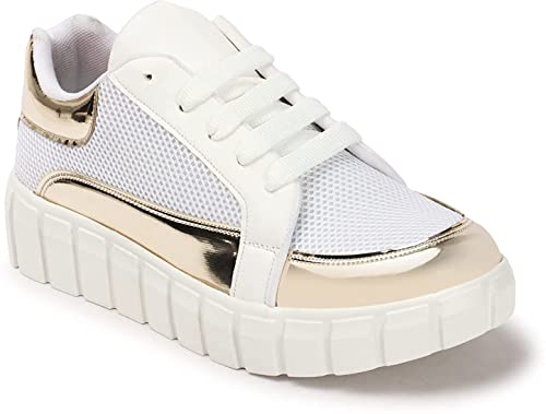Image of MADANA Women's | Girls Casual Stylish Sneaker Shoes | Black-Shiny Golden | Smart Casual Shoes - 1133