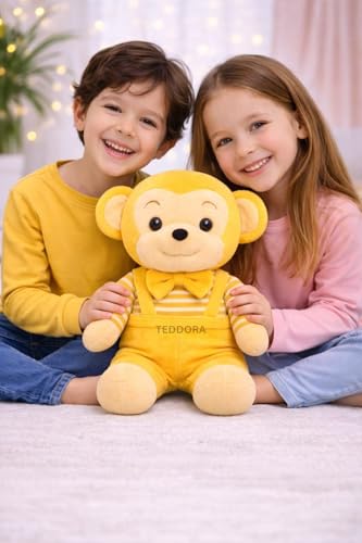 Image of Bow Monkey Soft Toy for Girls Boys Kids, Yellow, Animal Stuffed Baby Teddy Gift Birthday, 25 cm