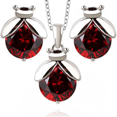 Juego de collar y pendientes chapados en oro blanco con circonitas rojas mujer