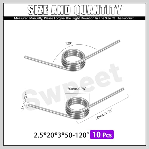 Swpeet 10pcs 120 Grad Edelstahl Torsionsfedern 2,5mm Drahtdurchmesser 20mm Außendurchmesser, 50mm winzige Torsionsfeder mechanische kleine Torsionsfeder für Heimreparatur Holzbearbeitung DIY-Projekt