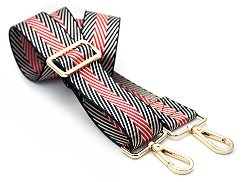 Image of CRAFTMEMORE Wide Shoulder Strap Zigzag Pattern Adjustable Bag Handle Crossbody Nylon Belt Replacement JK17 (Black, Gold Clasp)