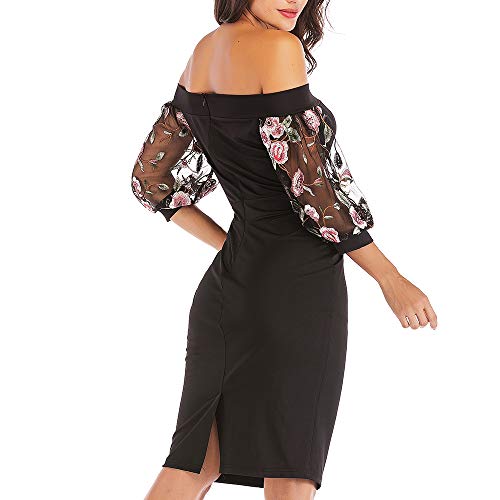 Zshujun Women's Casual Slash Neck 3/4 Lace Sleeve Spring And Summer Sheath Pencil Dresses Work Business Club Bodycon Knee-Length Plus Dress A2397 (Black, S) #TOP4