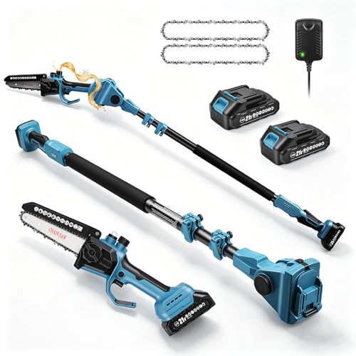 Image of Takuoo 2-in-1 Electric Pole Saw, 6 Inch Mini Chainsaw Cordless with Extension Pole, 2x2.0Ah 21V Battery Powered, 15FT Max Reach, Brushless Chain Saw for Tree Trimming, Tool-Free Tension & Auto-Oiler