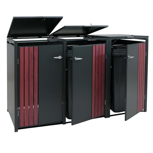 Mendler 3er-Mülltonnenverkleidung HWC-O67, Mülltonnenbox mit Deckel, Metall 122x200x84cm 83kg - anthrazit Holzoptik dunkel
