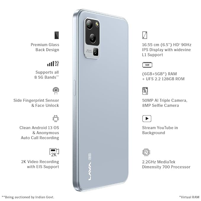 Lava Blaze 5G (Glass Blue, 6GB RAM, UFS 2.2 128GB Storage)| Segment's Most Affordable 5G Smartphone| Ultrafast Mediatek D700 | 50MP AI Triple Camera | 5000 mAh | 6.5" HD+ 90 Hz Display | Clean UI 5 41+jaBQZCQL