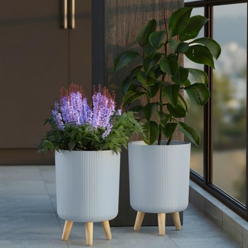 Image of StyleX Store Modern Flower Pot with Plastic Legs | Indoor Outdoor Planter for Home Garden Balcony Decor Ribbed Design Sturdy Plastic Mid-Century Style (Dusty Blue Pack of 2)