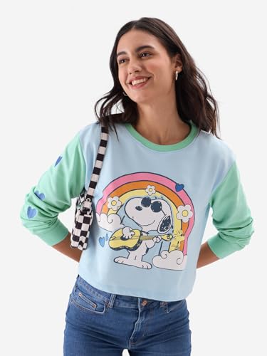 Image of The Souled Store Peanuts: Groove Women and Girls Blue Long Sleeve Round Neck Graphic Printed Oversized Crop Fit Pre-Winter Tops Sweatshirts Hoodies Pullovers Graphic Printed Colors Sportswear Casual