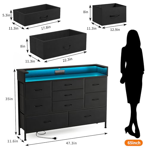 image for Fixwal Black LED Dresser, Dresser with 9 Drawers and Charging Station,