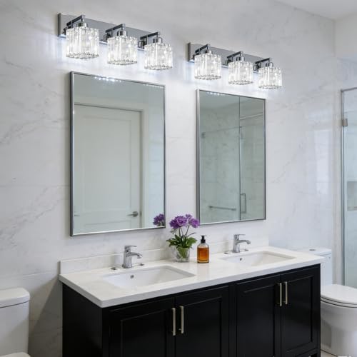 Image of Brushed Chrome Crystal Bathroom Vanity Light, 3-Light Modern Bathroom Lighting Fixtures Over Mirror,Chrome Wall Sconce Light Fixtures with Square Shade