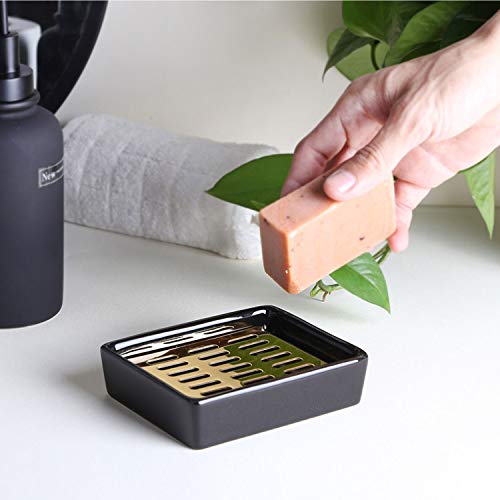Raikedr Ceramic Soap Dish Stainless Steel Soap Holder For Bathroom, Soap Dish With Drain, Soap Saver, Easy Cleaning, Stop Mushy Soap (Black, 4.7" × 3.6" × 1.18") #TOP3