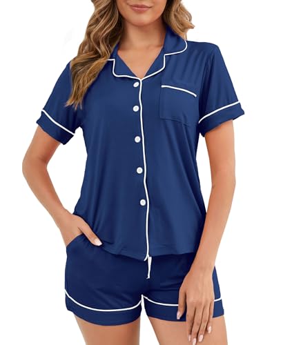 Image of Womens Pajamas Set Short Sleeve Sleepwear Button Down Pjs Shorts Set Soft Pjs Lounge Set With Pockets