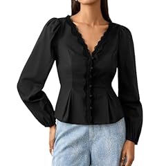 Black Lace Button Up V-neck Tie-waist 100% Cotton Non-stretchy