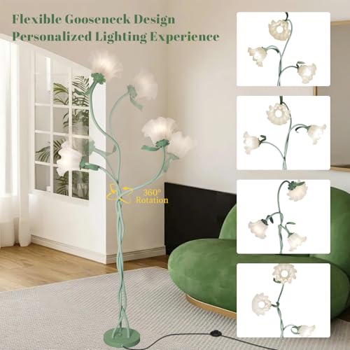 Image of Flower Standing Lamp for Bedroom, Cute Corner Floor Lamp with Flexible Gooseneck,3 Light Floor Reading Lamp with 3 Color Temperatures, Bulbs Included, LED Tall floor Lamp for Living Room Corner(Green)