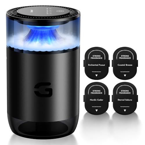 Geinself Smart Car Air Freshener Diffuser Waterless Essential Oil Diffuser with 4 Modes 4 Scent Refills Auto On/Off USB - C Rechargeable Wireless Ambient Light for Home/Car Use Black