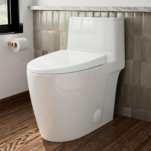 17.3' Elongated One Piece Toilet with Rimless Swirl Flush, Los Flexi Modern Toilets For Bathrooms, ADA Chair Height, Dual Flush 1.0/1.28 GPF, White 17 Inch Toilet Bowl, Soft-Close Seat & 12' Rough-In