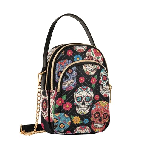 Womens Shoulder Purse Colorful Skulls Red Floral Black Quilted Chain Strap Phone Wallet Handbag Cute Zipper Ladies Clutch Satchel, 5.9" × 8.3" × 3.1"2