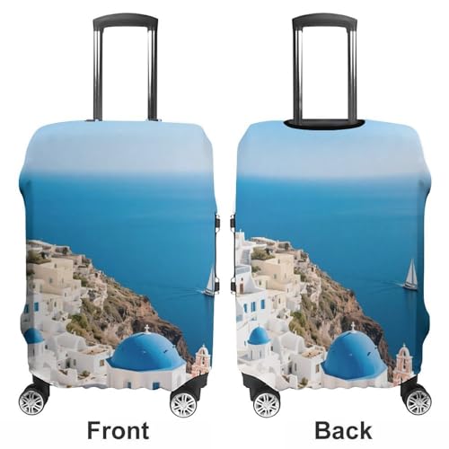 Santorini Greek Island Sea View Elastic Luggage Cover Suitcase Protector for 19-32 Inch Suitcases | Universal Stretchable Travel Bag Cover | Anti-Scratch, Washable with Zipper Closure S3