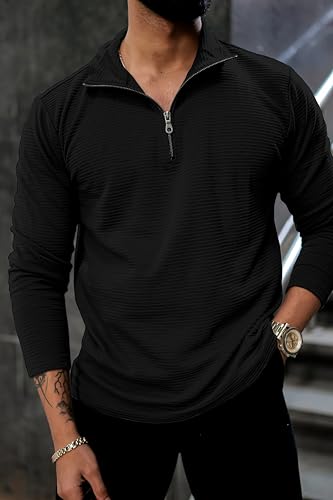 Image of KAJARU Men's Quarter Zip Pullover T-Shirt, Textured Ribbed Long Sleeve, Casual Mock Neck