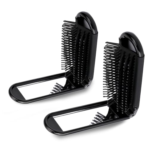 2 Pack Foldable Hair Brush with Mirror Mini Compact Travel Hairbrush Small Massage Comb Portable Hair Styling Tools Pocket Folding Hairbrush for Women Girls Men Home Outdoor Travel Purse Essential