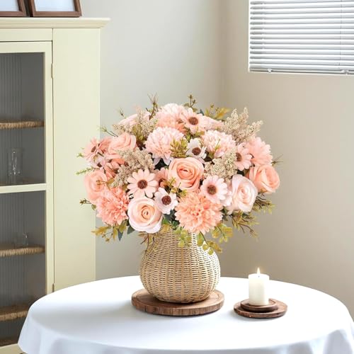 Image of Artificial Flower Bouquet for Home Decoration - 2 Pcs Faux Rose & Daisy Bouquet (Without Pot) Artificial Flowers for Living Room, Bedroom, Office, Vase Decoration (Peach)