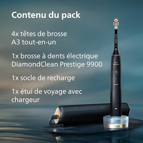 Philips Sonicare - Brosse à dents électrique DiamondClean 9900 Prestige, avec technologie SenseIQ et application, 5 modes de brossage, 3 niveaux d'intensité, étui de voyage, Bleu nuit, HX9992/45