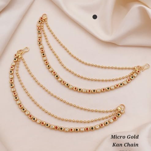 Image of Traditional 3-Layer Ear Chains (Mattal) with Sparkling Round Multi Colors Stones | Champaswaralu Kaan Chain for Heavy Jhumka Support | Artificial Indian Bridal Hair Accessories