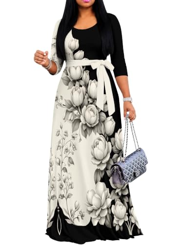 Image of PinkPatty Plus Size Maxi Dress for Women Casual V Neck 3 /4 Sleeve Boho Printed Long Dress with Pockets
