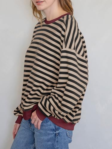 Tankaneo Womens Oversized Color Block Sweatshirts Striped Crew Neck Fall Tops Loose Fit Long Sleeve Pullover Shirts3