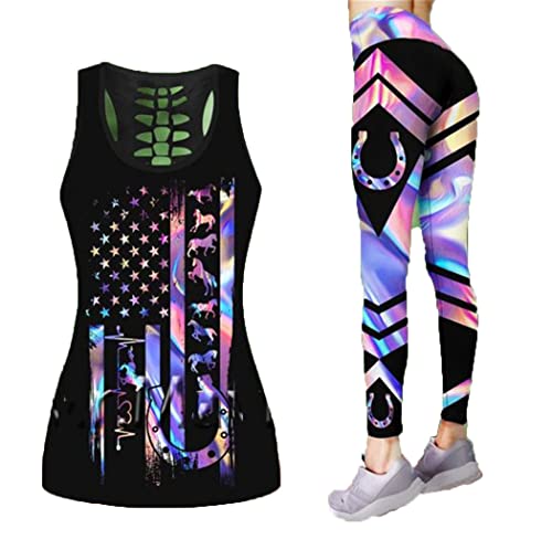 Débardeur sexy pour fille imprimé Love Horse creux et son legging noir XXL pour sublimer vos formes