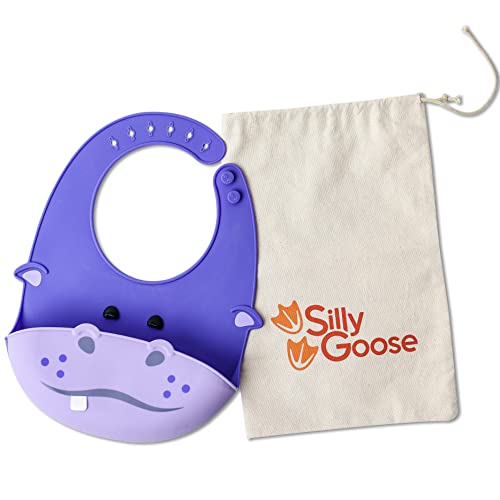 Image of Silly Goose Silicone Animal Baby Bibs for Babies and Toddlers, Waterproof, Adjustable, Soft, Extra Wide Food Catcher Pocket (Baby Hippo)