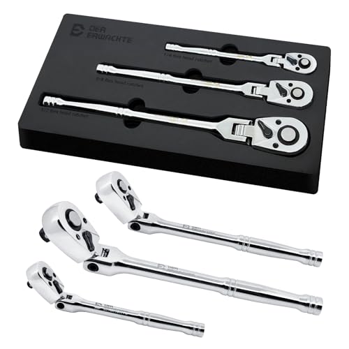 Image of Der Erwachte 3-Piece Flex-Head Ratchet Set, 1 /4 inch, 3 /8 inch, 1 /2 inch Drive Ratchet, 72-Tooth with Quick-Release Reversible Design, Chrome Alloy Made, Fully Polished,with EVA Foam