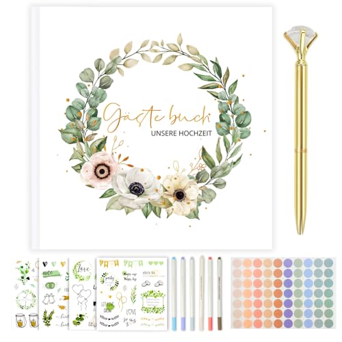 Libro de Firmas Bodas, Libro de Visitas, Libro Firmas, Guest Book, 120 Páginas en Blanco con Pegatinas y Rotulador Metálico, Libro de Invitados de Boda Personalizado para Bodas, Aniversarios (Verde)