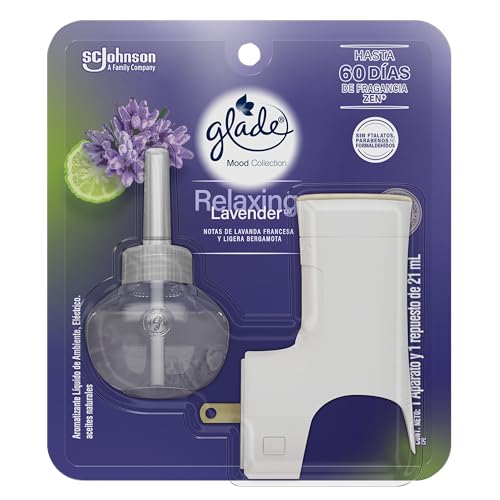 La mejor comparación de Aromas del mes. 50 Glade Aromatizante para Hogar Mood Collection, Aroma Relaxing Lavender, Aromatizante Líquido Eléctrico de Ambiente, 1 Aparato y 1 Repuesto de 21ml