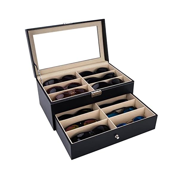 Autoark PU-Leder Brillenbox zur Aufbewahrung von 12 Brillen Sonnenbrillen Präsentation Showcase,Schwarz,AW-023