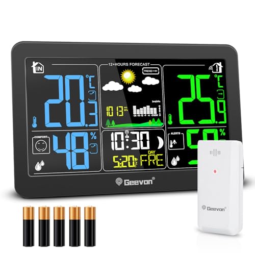 Geevon DCF Wetterstation Funk mit Außensensor, Wetterstationen Innen und Außentemperatur Funk mit Wettervorhersage Digitales Thermometer Hygrometer (303 mit Batterie)