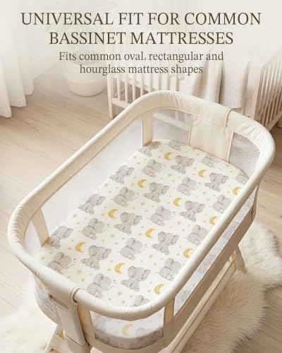 Image of Bassinet Sheets for Baby Girls Boys 2 Pack, Fitted Baby Mattress Sheet for Rectangle, Oval, Hourglass Bassinet Mattress, Breathable Cozy & Universal Fit (Elephant Dream, Bassinet Sheet)