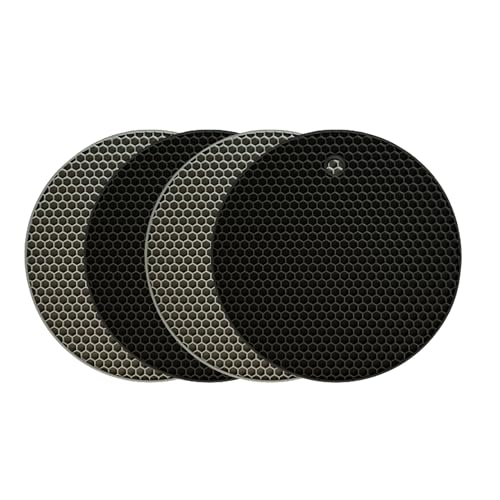 InnoLab Design Silicone Trivet Mats - 4 Heat Resistant Pot Holders, Multipurpose Non-Slip Hot Pads for Kitchen Potholders, Hot Dishers, Jar Opener, Spoon Holder (Black & Gray)