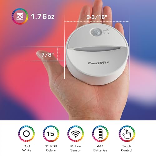 EverBrite LED Motion Sensor Night Light, Dimmable Night Lights with 15 RGB Colors, Cool White Motion Activated LED Night Light for Stairs, Hallways, Bathroom - with 18 AAA Batteries, 6-Pack by EverBrite - Image 3